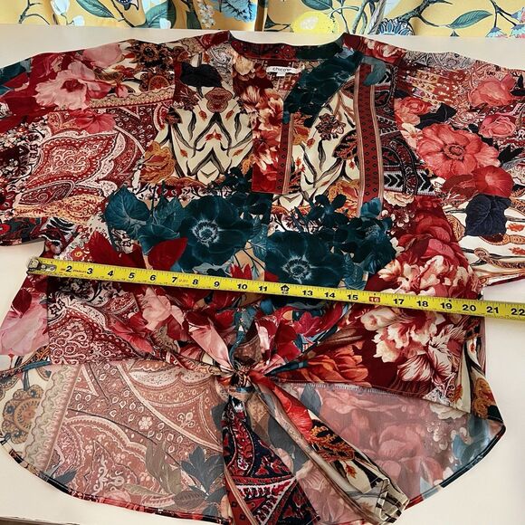 Chico’s Satin Oversized Blouse Top Sz 0 Us 4 Patchwork Artsy Bohemian Festival - Picture 6 of 7